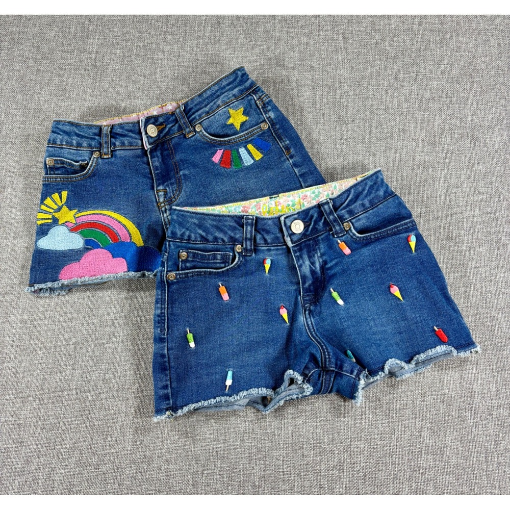 Boden Girls Rainbow Popsicle Embroidered 2 Pair Denim Shorts Set 9Y Blue Cotton